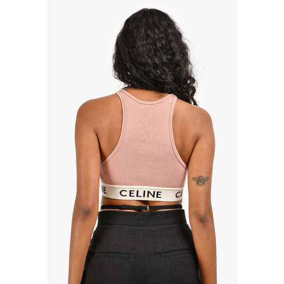 Celine Ribbed Logo Print Racerback Cropped Sports Bra Blush Pink Women's Size XS - Picture 2 of 7